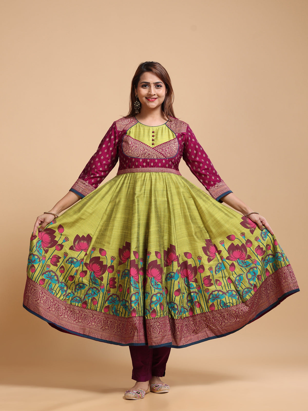 Anarkali Floral Panel Print KALI-1620 - Front standing view with flared skirt