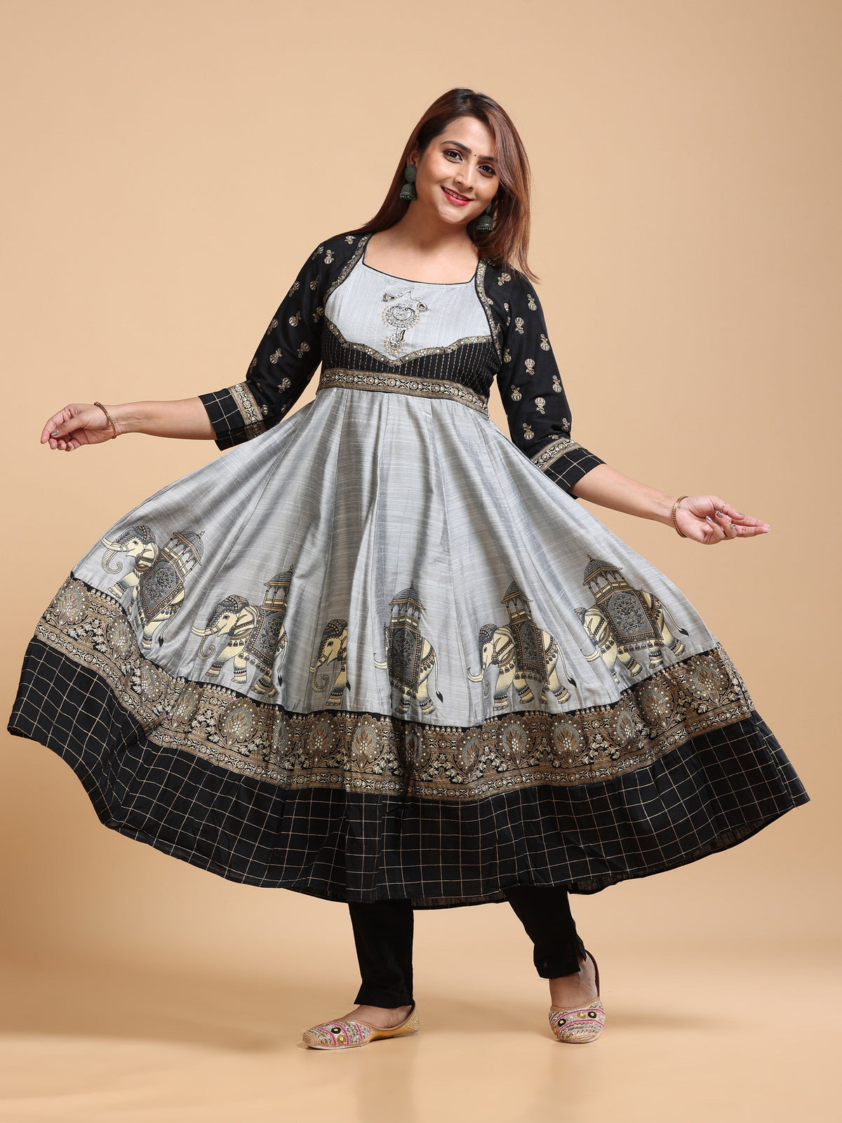 Embroidery Yoke Anarkali KALI-1613 - Front spin view showing silver skirt with elephant print hem