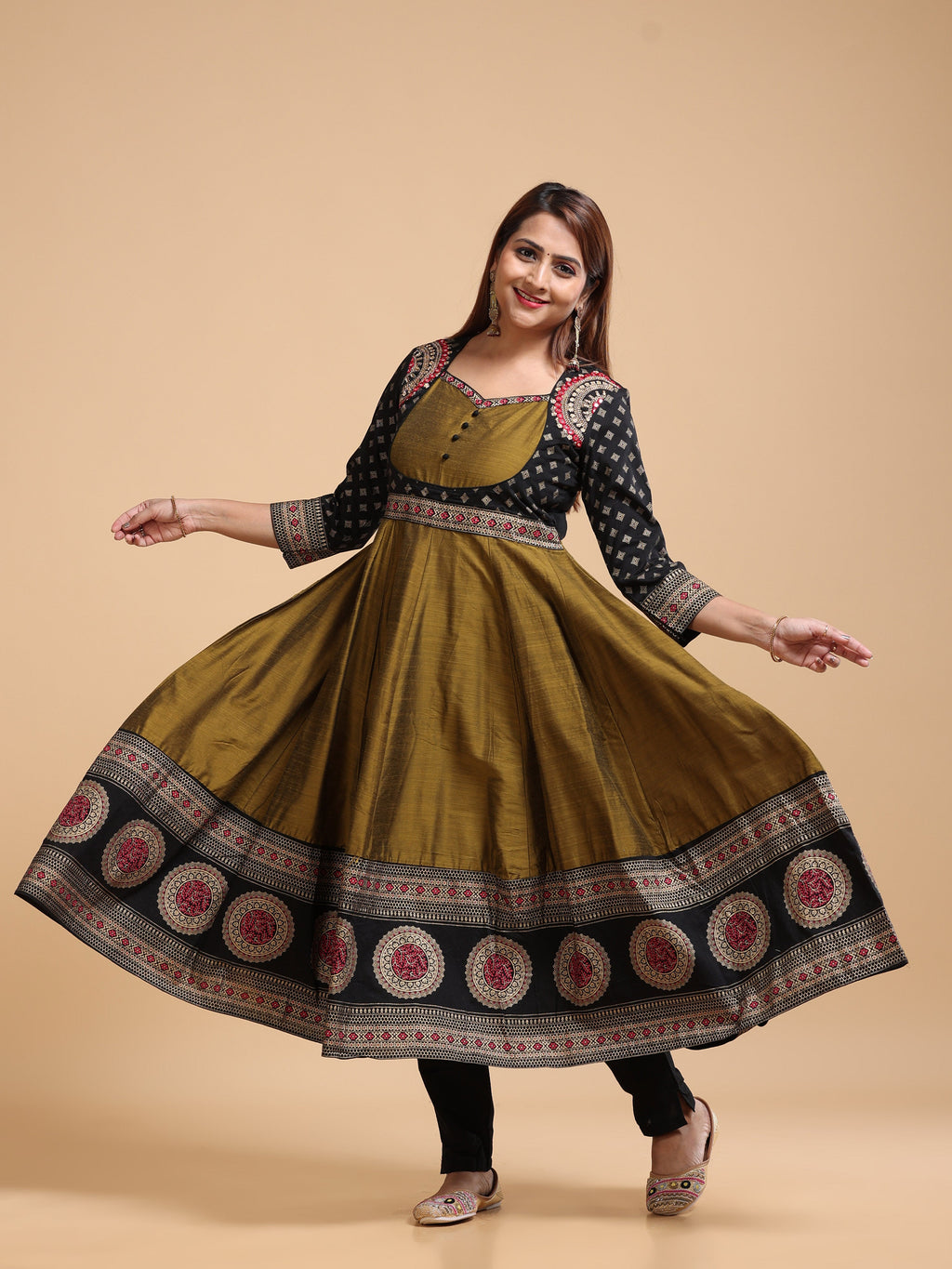 Contrast Yoke Black Border Anarkali KALI-1637 - Front spin view showing olive body and medallion hem border