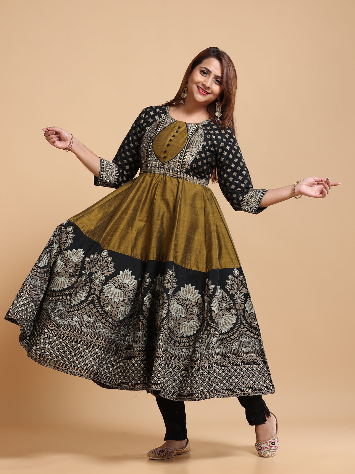 Big Contrast Border Designer Yoke KALI-1587 - Front spin view showing olive body and Mughal floral hem border
