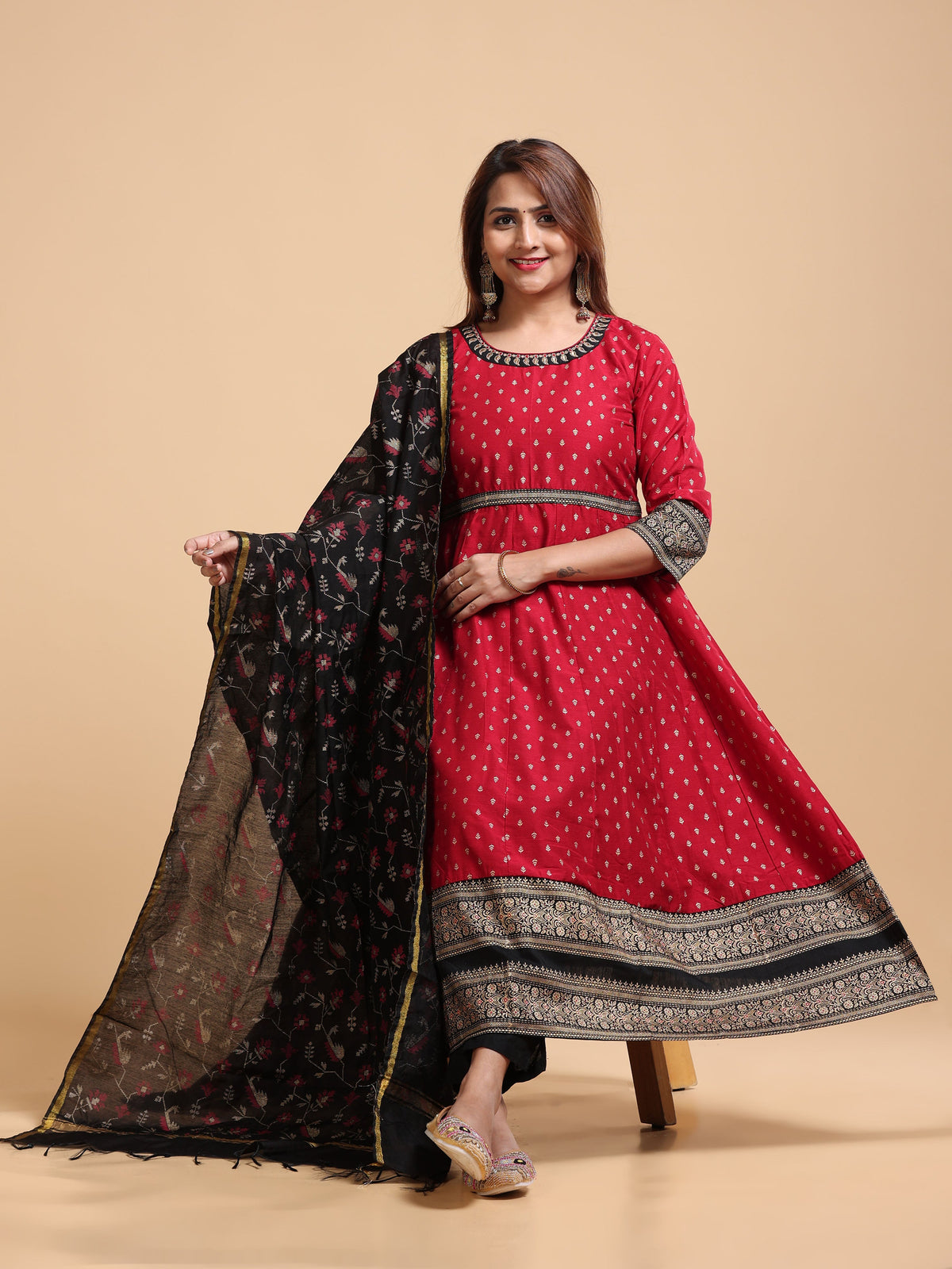 Ruby Red 3 Piece Set SET-403 - Front view with black floral dupatta draped
