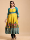 Motif Printed Panels Anarkali KALI-1612 - Front standing view showing peacock lotus print and teal border