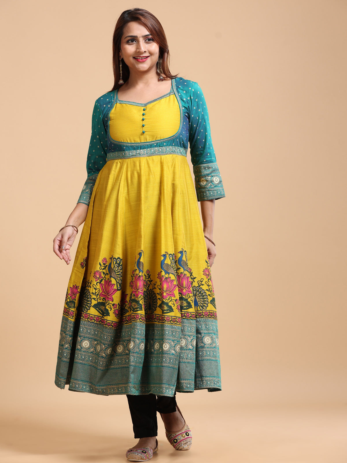 Motif Printed Panels Anarkali KALI-1612 - Front standing view showing peacock lotus print and teal border