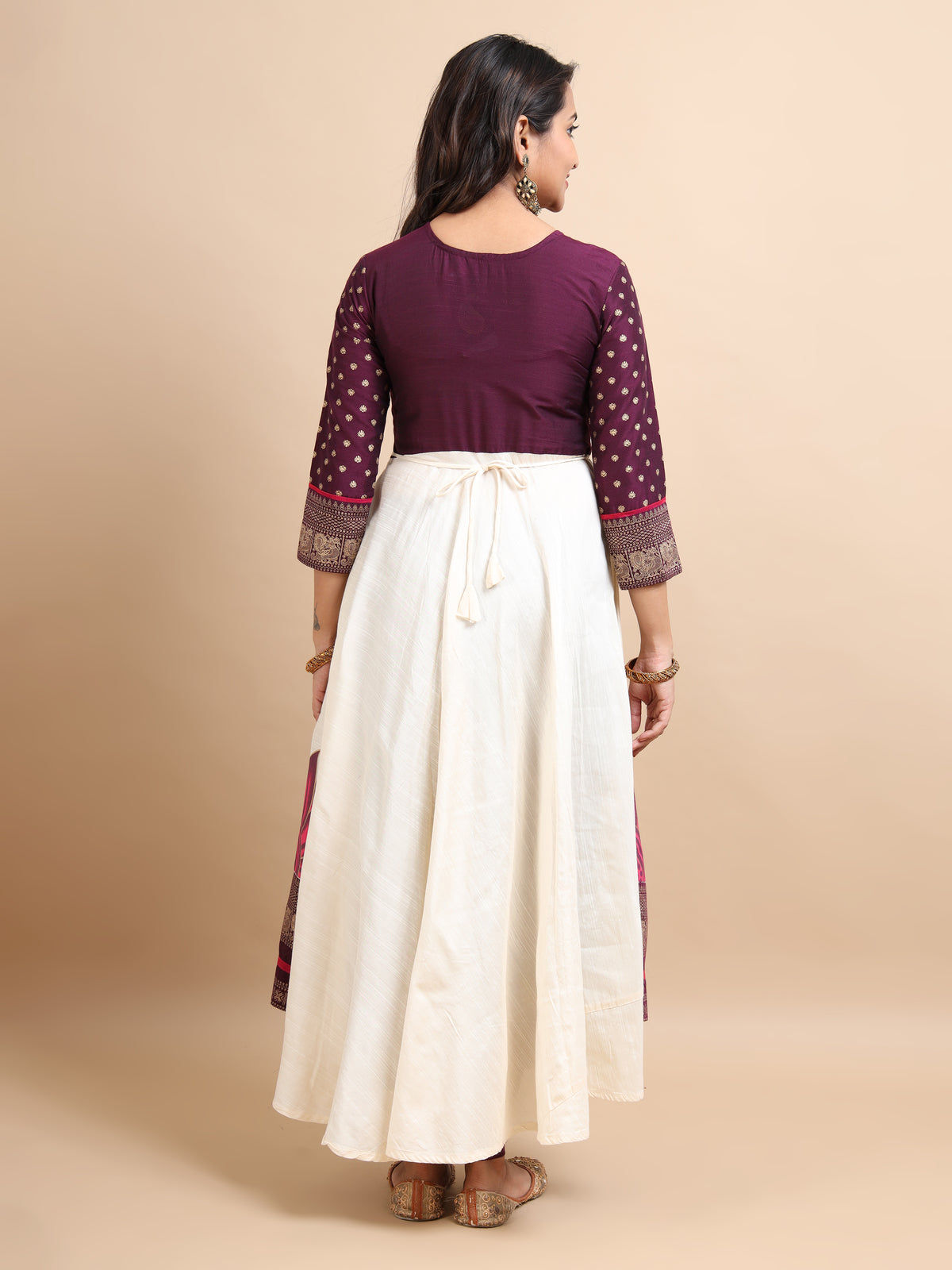 Women's Offwhite Double-Layered Kali Kurta with Printed Panels