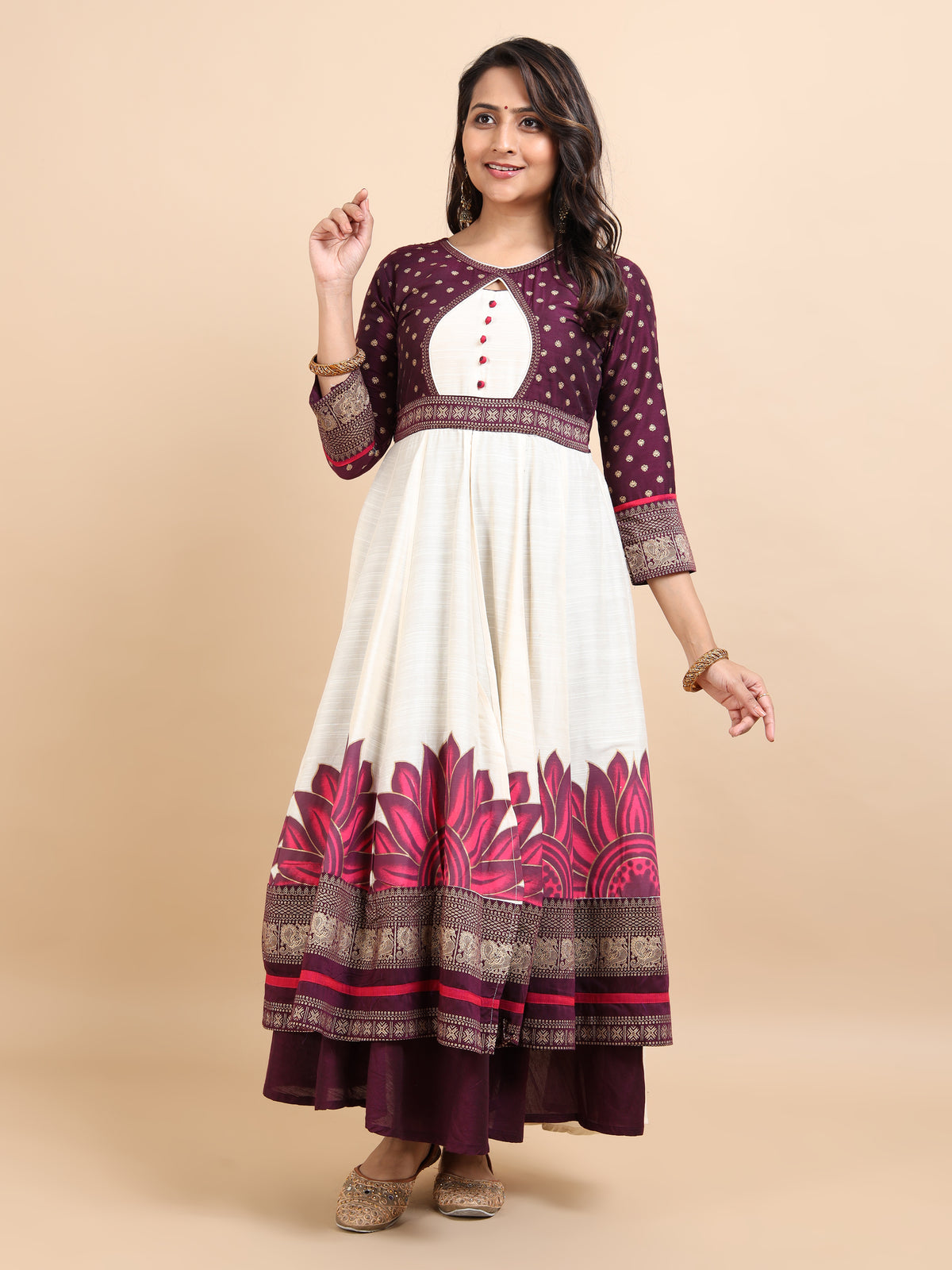Women's Offwhite Double-Layered Kali Kurta with Printed Panels