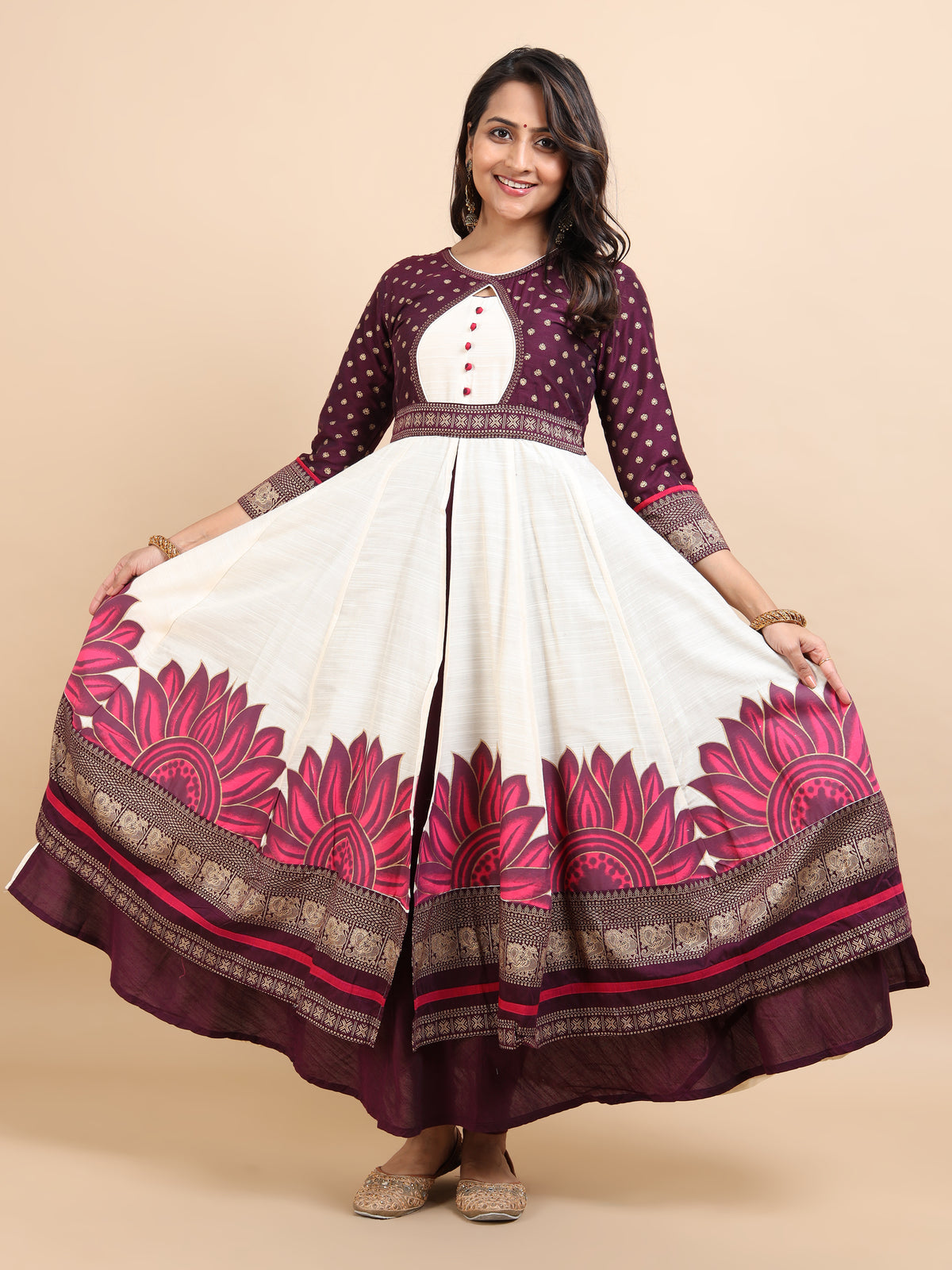 Women's Offwhite Double-Layered Kali Kurta with Printed Panels
