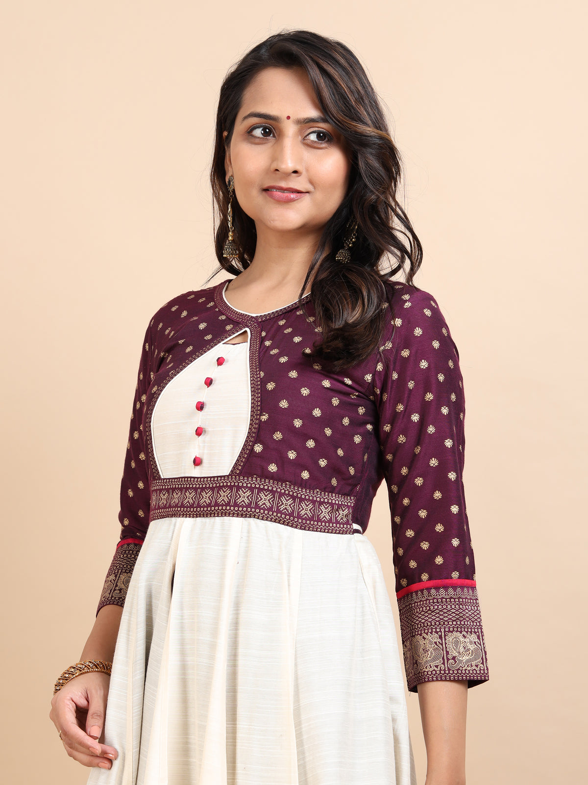 Women's Offwhite Double-Layered Kali Kurta with Printed Panels