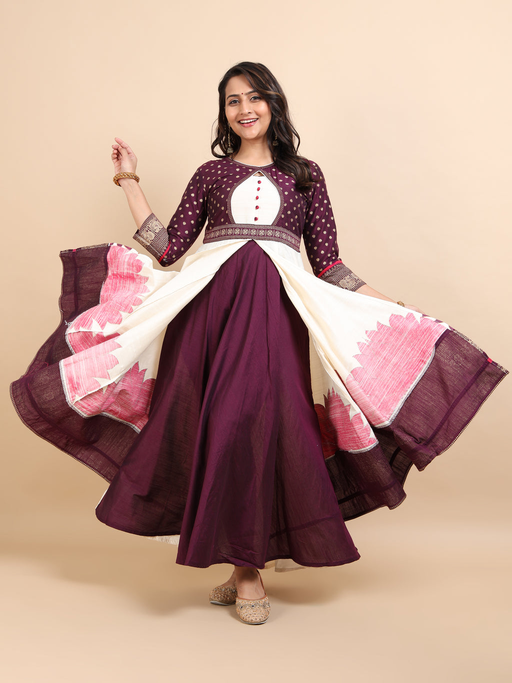 Women's Offwhite Double-Layered Kali Kurta with Printed Panels