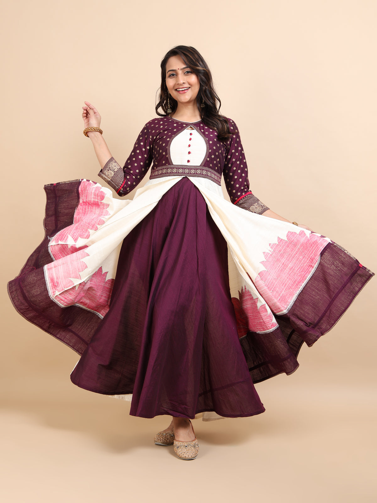 Women's Offwhite Double-Layered Kali Kurta with Printed Panels