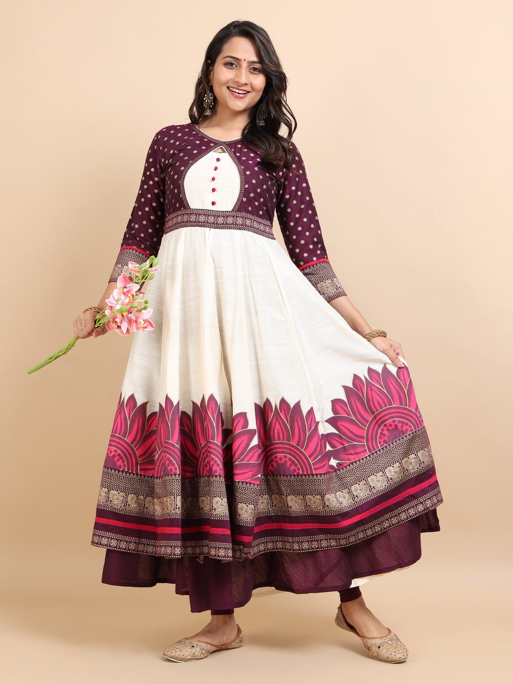 Women's Offwhite Double-Layered Kali Kurta with Printed Panels
