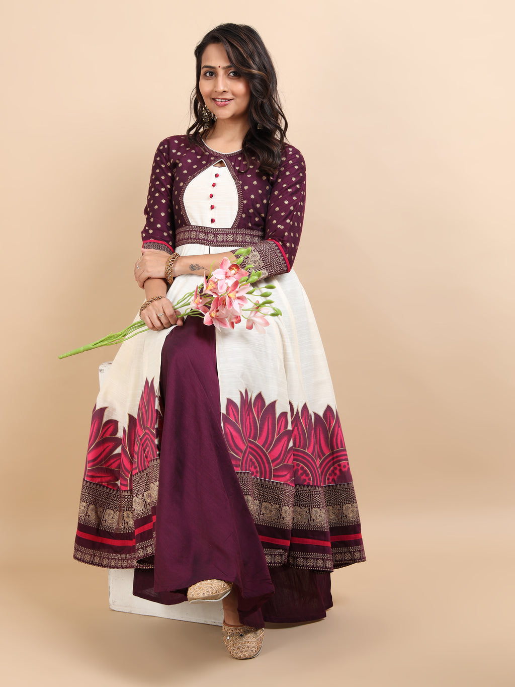 Women's Offwhite Double-Layered Kali Kurta with Printed Panels