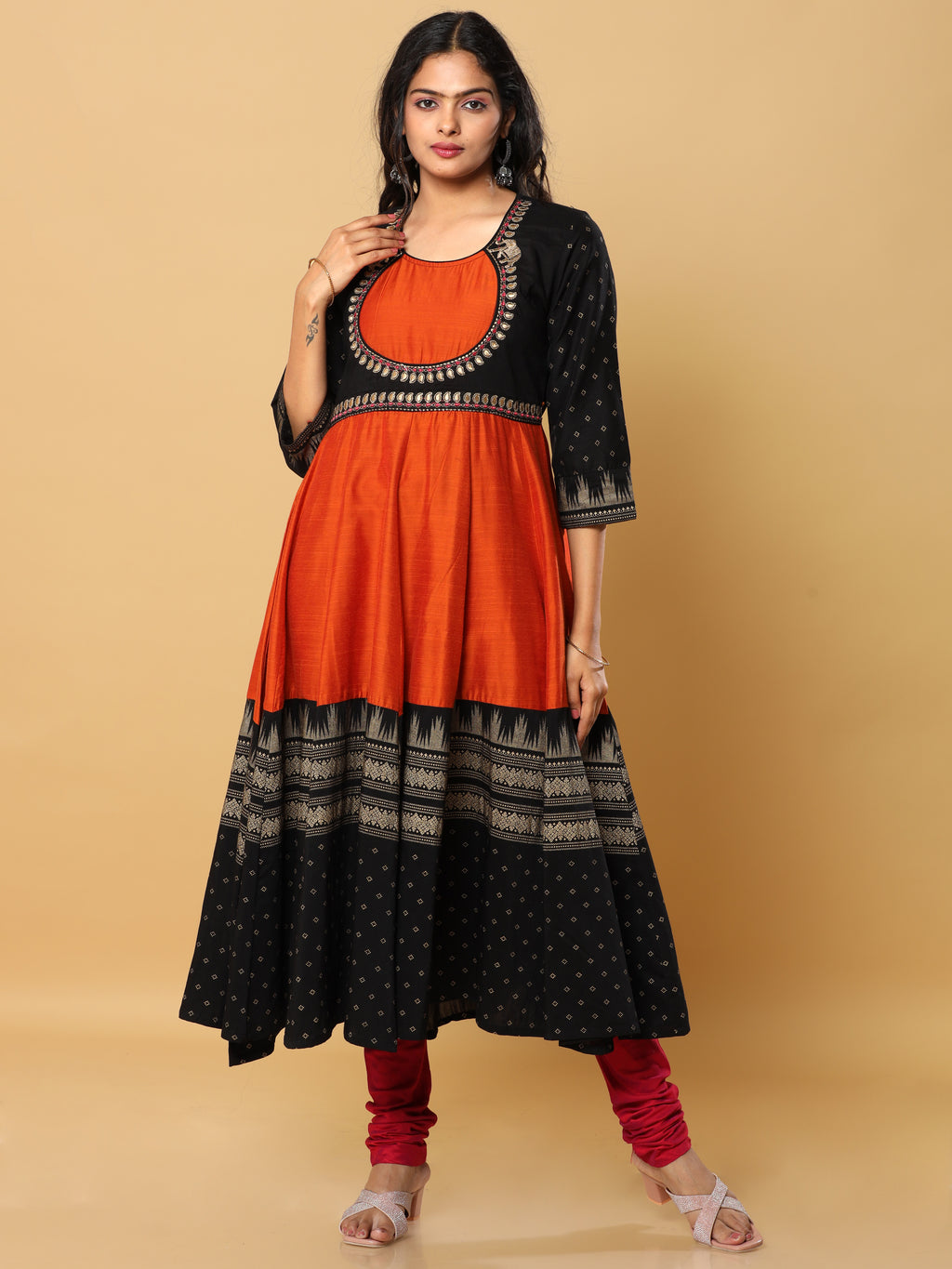 Women's Rust & Black Embroidered Yoke Anarkali Kurta