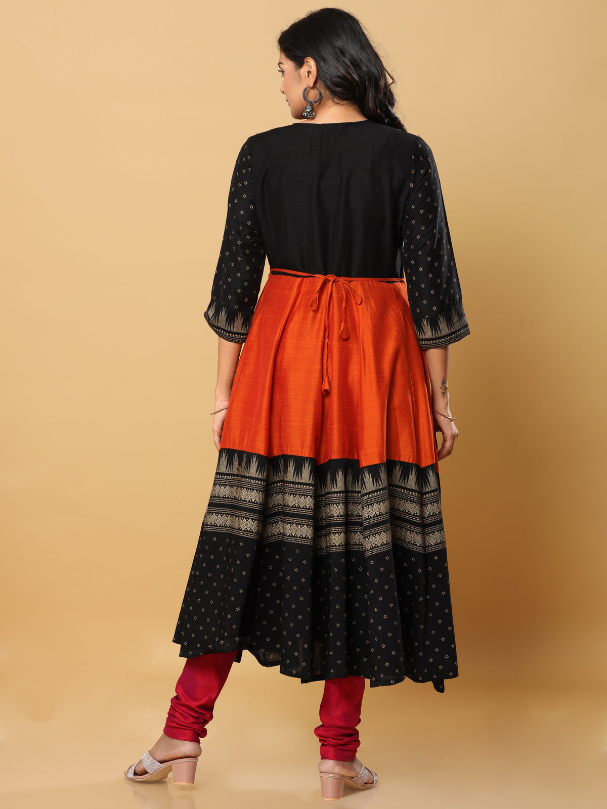 Women's Rust & Black Embroidered Yoke Anarkali Kurta