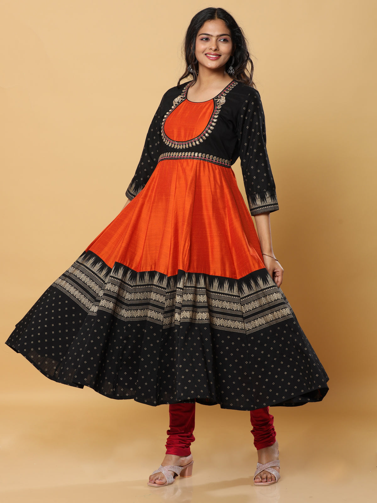 Women's Rust & Black Embroidered Yoke Anarkali Kurta