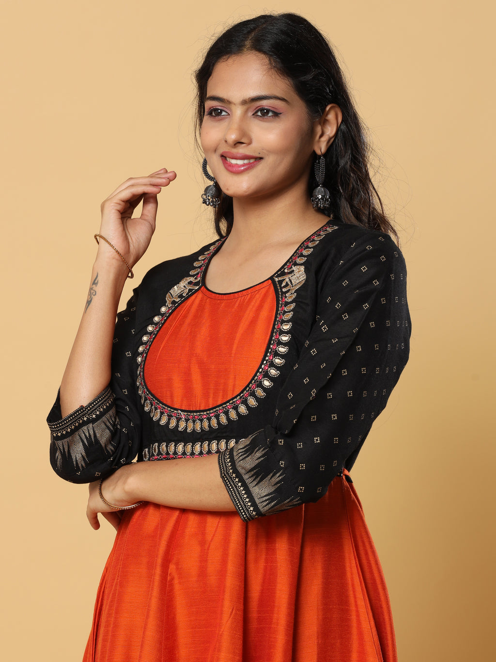 Women's Rust & Black Embroidered Yoke Anarkali Kurta