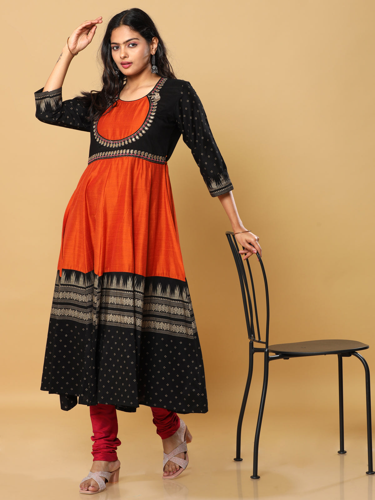 Women's Rust & Black Embroidered Yoke Anarkali Kurta