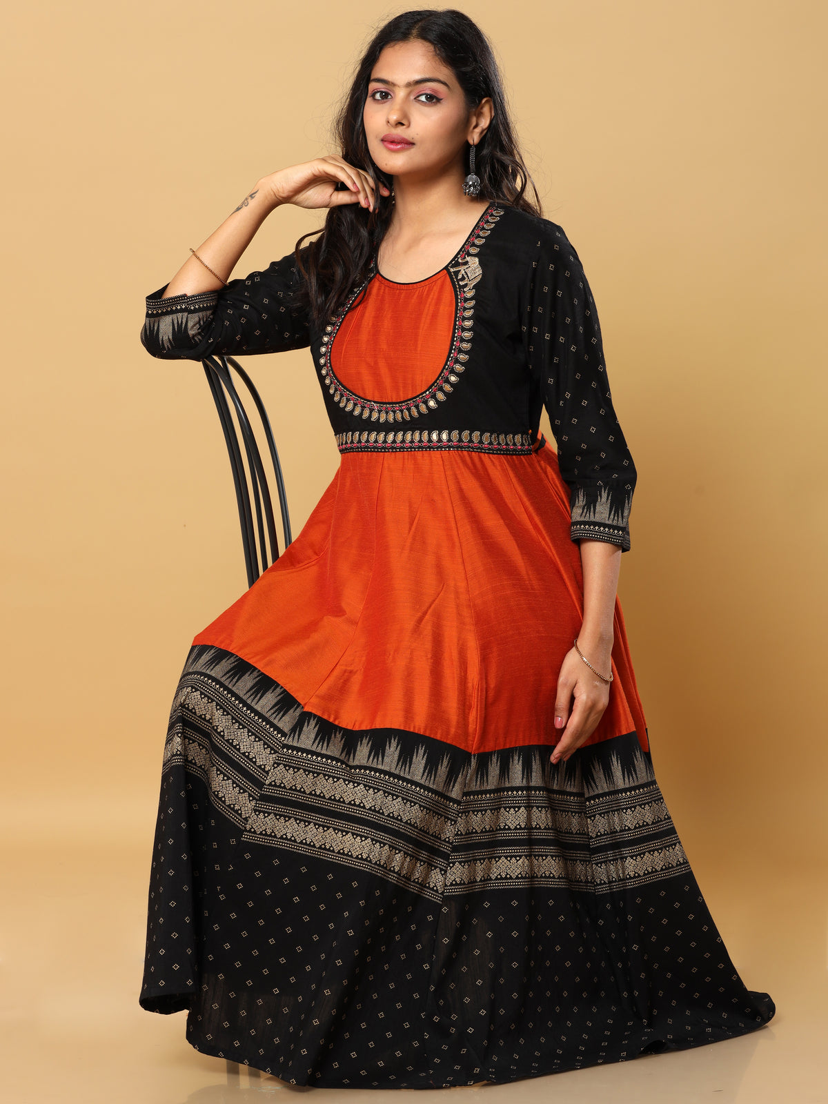 Women's Rust & Black Embroidered Yoke Anarkali Kurta